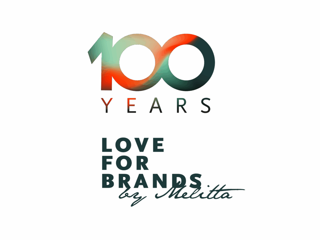 100 Years Love for Brands Jubiläumssignet in Farbverlauf rot/grün