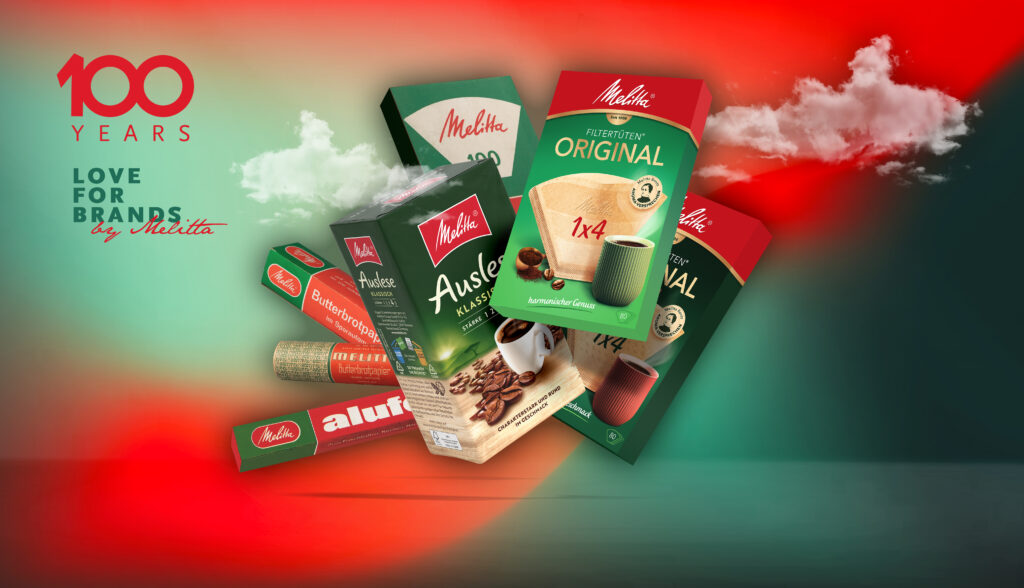 100 Years Love for Brands Jubiläumsmotiv mit fliegenden Verpackungen